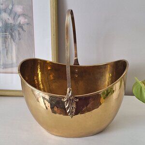 Large heavy vintage ornate brass bucket basket bowl